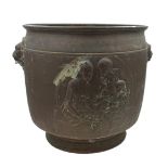 Very large antique copper log bucket, embossed with a family scene, twin lion head handles, 50cm