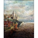 19th century continental school - Coastal town landscape with castle, unsigned, oil on canvas, 36