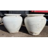 Pair of white glaze large amphora type urns, 50cm high