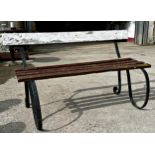 Antique teak and wrought iron sprung bench, Length 135.5cm x Height 76.5cm x Depth 59cm