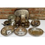 Collection of silver plated items to include four piece tea service, two trays, chestnut pan with