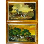 19th century school - pair of hunt scenes, reverse glass paintings, 33 x 46cm , maple frames (2)