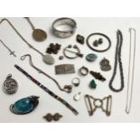 Large collection of good silver jewellery comprising large hinged bangle, two locket pendants,
