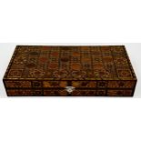 Early 20th century parquetry games box, with parquetry counters, 41cm long