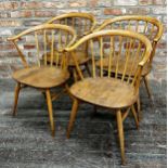 Set of four Ercol 'Cow Horn' light elm dining chairs