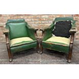 Pair of William IV spoonback lounge or library chairs with well carved acanthus front sabre legs,