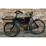 Good early 20th century Butcher's delivery bicycle, with woven front basket and advertising panel