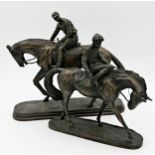 Two similar bronzed resin studies of jockeys on horseback, one signed O Tupton, 33 and 27cm high