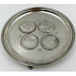 Rare Edward VIII silver Coronation waiter, fitted with four silver medallions, maker Hicklenton &