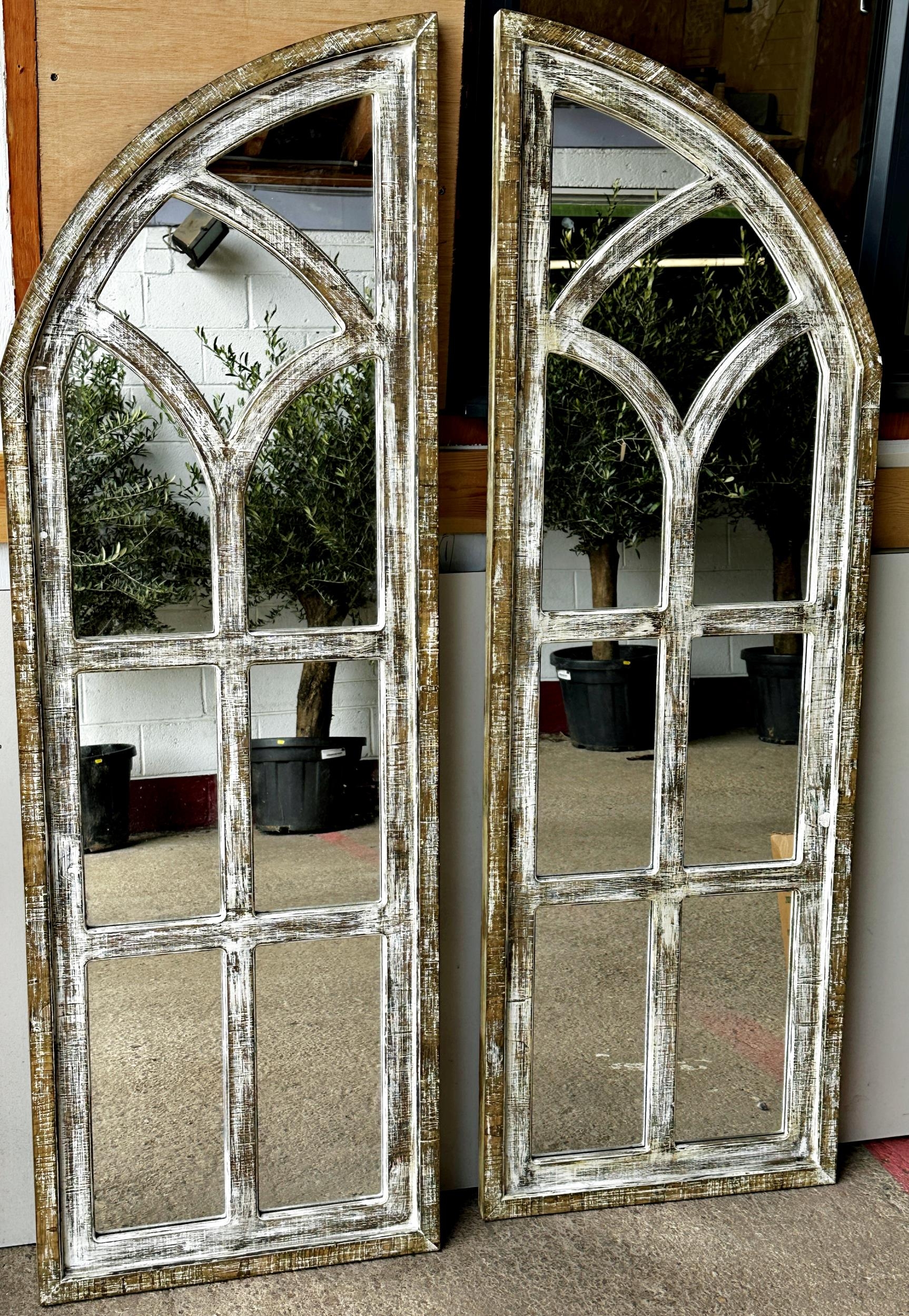 Pair of distressed window shutter mirrors of arched form, for interior or exterior use, Height 150.