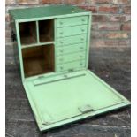 Vintage Industrial green painted engineers cabinet, the fall front enclosing an interior fitted with