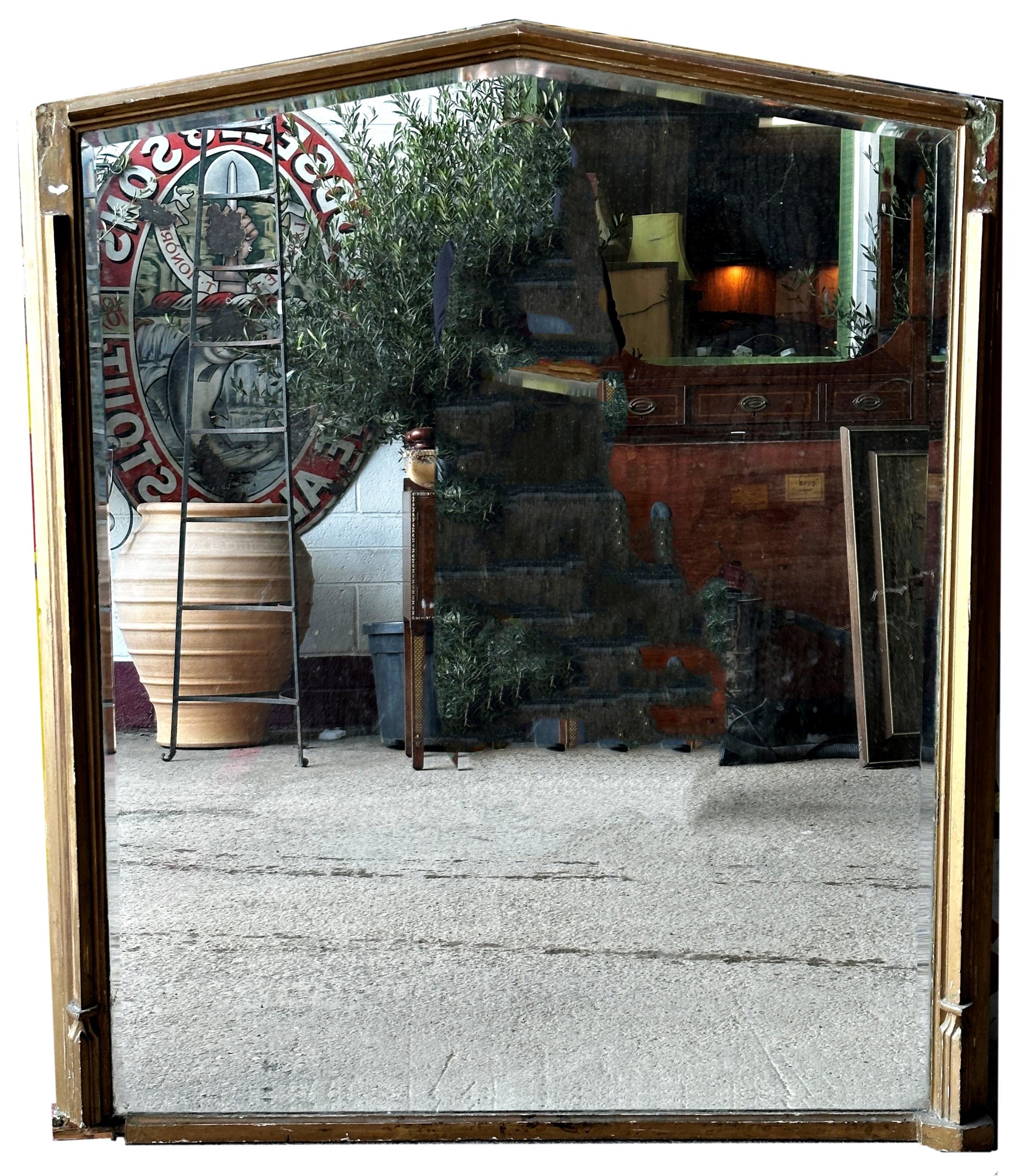 19th century giltwood lancet wall mirror, original bevelled glass, 130 x 108cm (af)