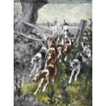 George Wright (1860-1942) - Hunt scene with foxhounds leading riders through a fence, signed and