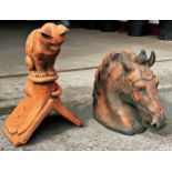 Terracotta bust of a horse with further terracotta roof finial of a cat, Height 40cm x Depth 30cm