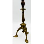Probably by WAS Benson - brass table lamp, with fluted column and legs on club feet, 41cm high