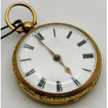 A 19th century, 18ct gold pocket watch, the white enamel dial with Roman numerals, engine turned