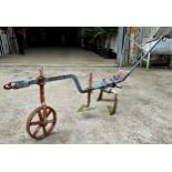 Antique iron plough by Brown and Sons of Leighton Buzzard, Height 87cm x Width 67cm x Length 224cm