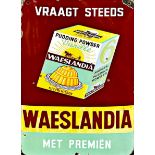 Advertising 'Waelandia' picture enamel sign on brown yellow and green, 59 x 39cm