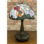 Good quality large Tiffany style leaded glass and bronze table lamp, the shade decorated with