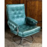 1960s chrome framed swivel lounge chair with mint green buttoned upholstery