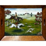 Early 20th century walnut tray fitted with a reverse painted glass panel of a hunt scene, 39 x 52cm