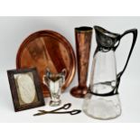 Mixed Arts and Crafts lot comprising WMF ewer, 34cm high, Beldray copper vase, hammered copper easel