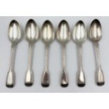 A Victorian set of six silver fiddle pattern table spoons, Mary Chawner, London c.1838, 22.5cm long,