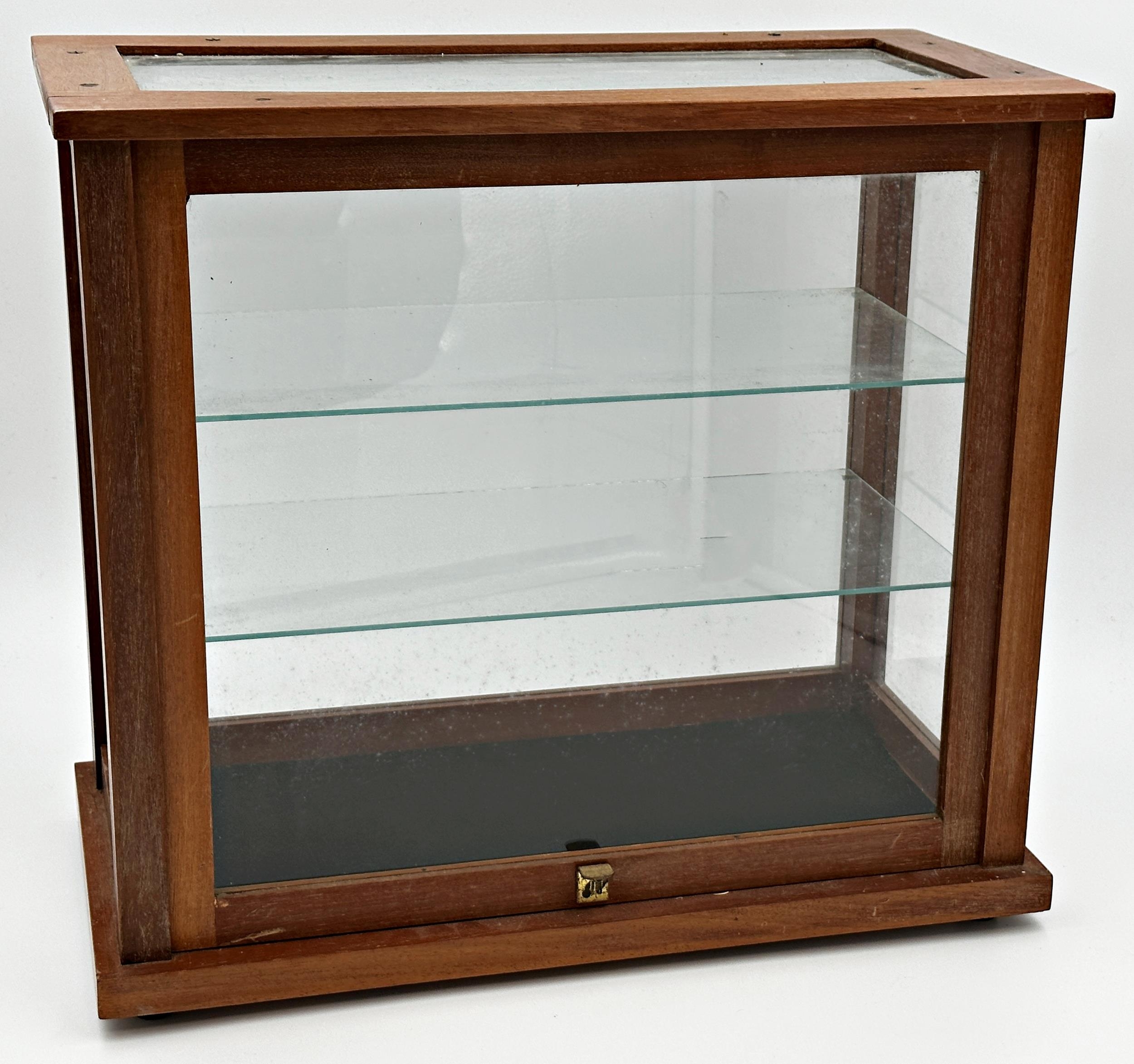 Table top teak framed display cabinet, with two glass shelves, 42cm high x 46cm wide