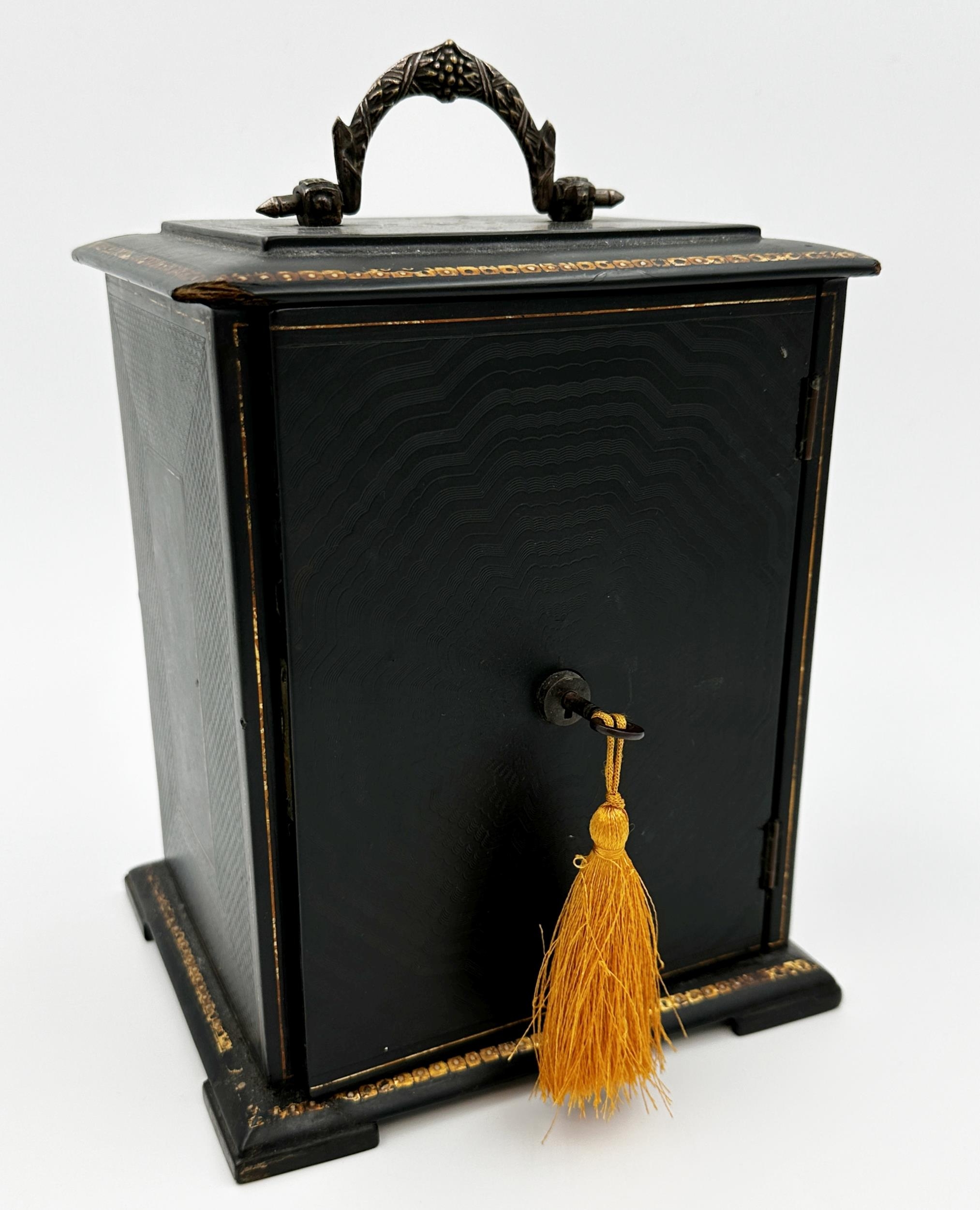 Good 19th century lacquered collectors cabinet, with sunburst textured door and gilt highlight,