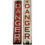 Pair of enamel 'Danger' signs in red and white, 31 x 5cm each (2)