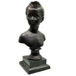 Cast bronze bust of a girl upon a stepped square base, 27cm high.