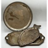 Three silver plated trays to include a circular tray, 43cm diameter, a rectangular canted tray