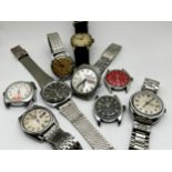 Collection of nine vintage gents stainless steel wristwatches, to include Grana military, Roamer,