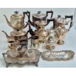 Collection of silver plate to include tea and coffee pots, twin handled urn, tankards, inkstand etc