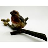 Probably by Franz Bergman - Austrian cold painted bronze study of a Robin sat on a budding branch,