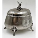 Good continental '800' silver caddy, hinged lid mounted by a cast bird on nest, gilt interior,