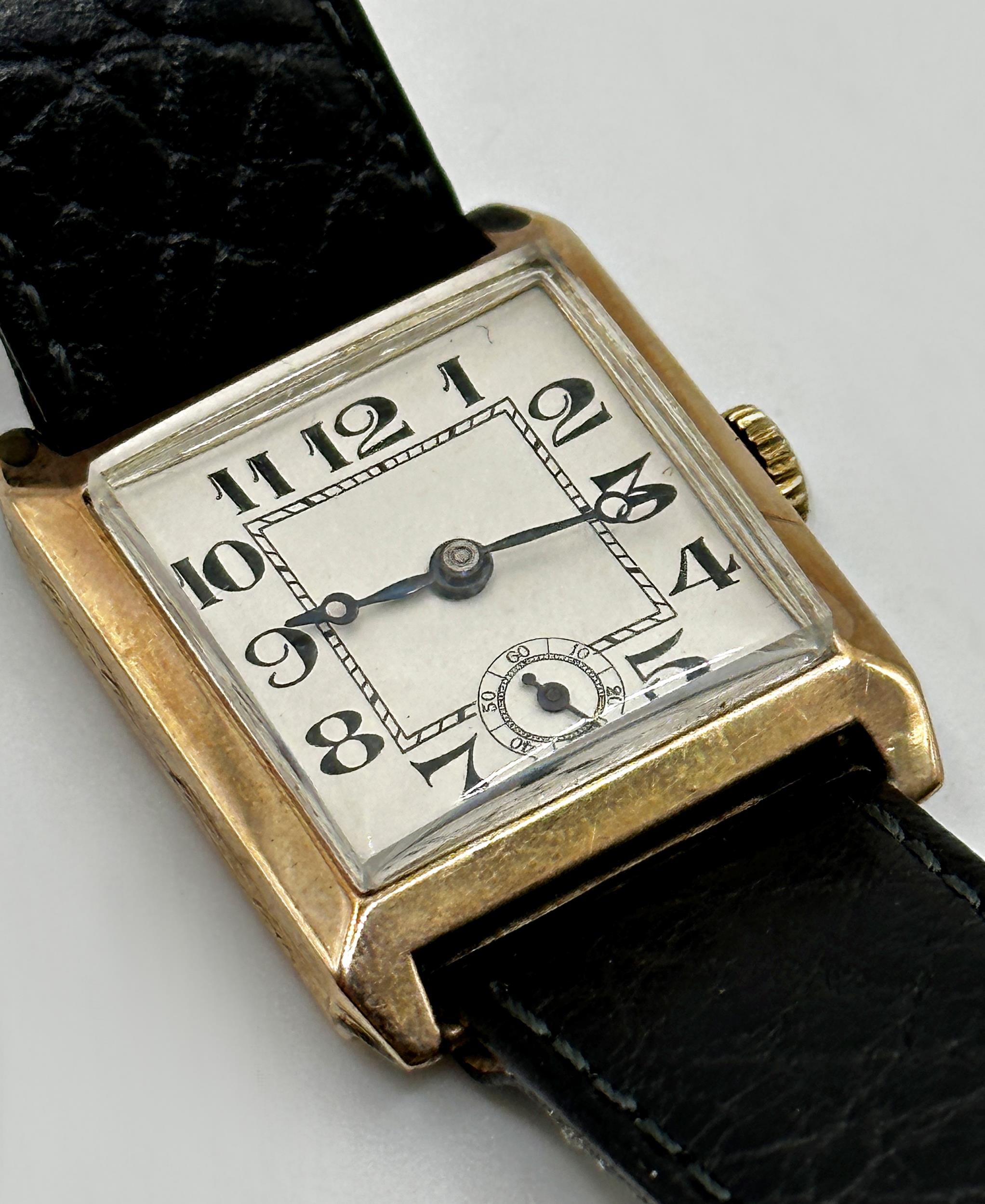 Vintage 9ct gents dress watch, champagne square dial with Arabic numerals and subsidiary second