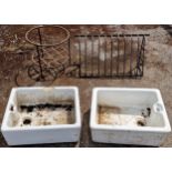 A pair of Belfast sinks, 61 x 45cm together with an iron hay manger and a cast iron stand with