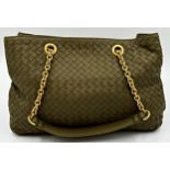 A Bottega Veneta Intrecciato Leather Shoulder Bag in khaki. Hardware in gilt metal with leather