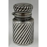 Good quality Victorian silver wrythen fluted scent bottle, hinged lid, glass stopper, maker C C