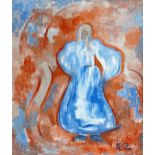 Kristin (20th century) - portrait of a standing lady in a blue dress, signed and dated 1970, oil