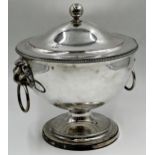 Regency silver plate pedestal dish, with lions head carrying handles. Beaded decoration to foot