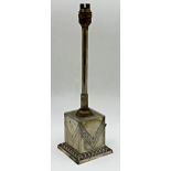 Victorian silver plated table lamp, engraved and darted stepped square base, converted to