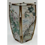 Japanese porcelain square baluster vase with hand painted floral panels and simulated bamboo