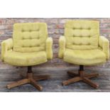 Pair of 1960s lime green swivel lounge chairs with buttoned upholstery and teak bases (2).