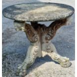 A weathered reconstituted stone garden table, the base with acanthus relief on claw and ball feet,