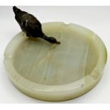 Austrian cold painted bronze study of a Duck mounted to an onyx ashtray, 18cm long to total (af)