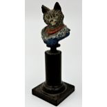 Austrian miniature cold painted bronze study of a humorous cat bust, wearing a dress and necklace,