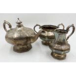 Victorian silver three piece tea service, faceted baluster form, engraved scrolled decoration, maker