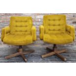 Pair of 1960s swivel lounge chairs, with buttoned upholstery and teak bases, 90cm high (2).